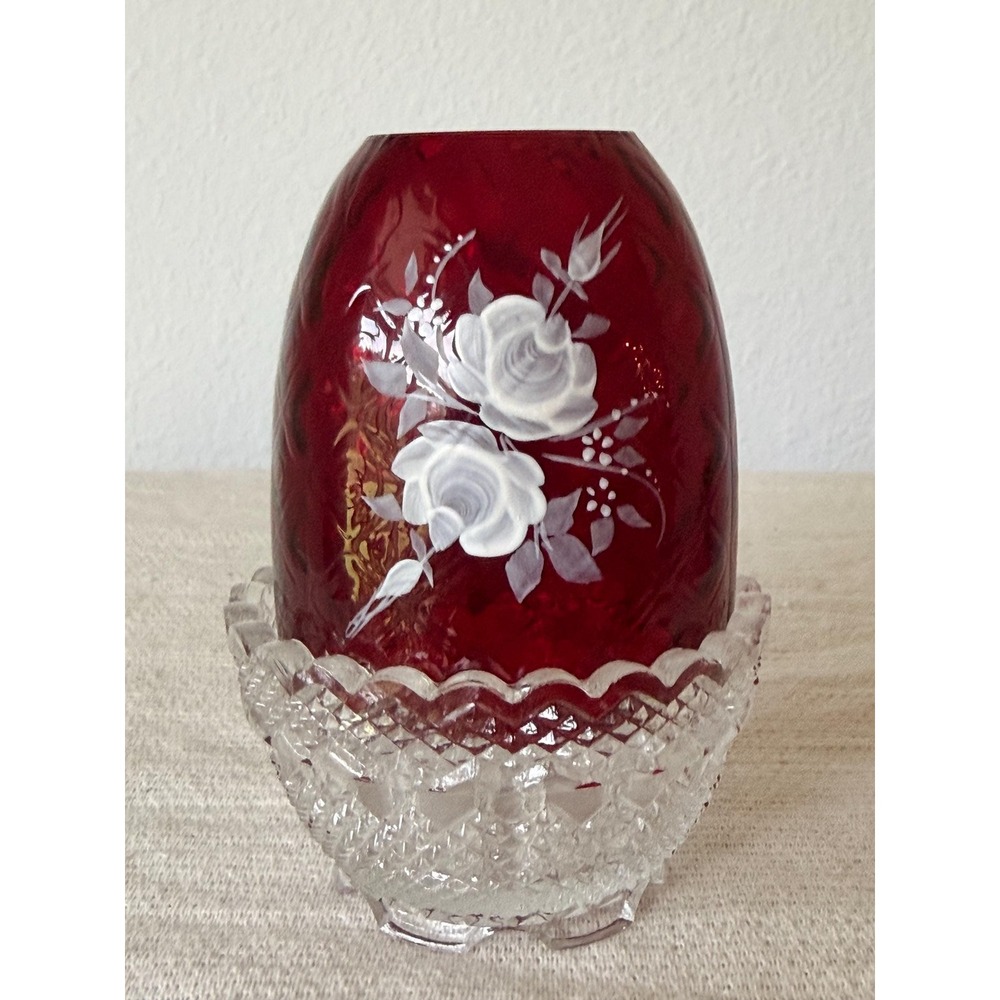Fenton Ruby Red Hand Painted Floral Fairy Lamp Signed